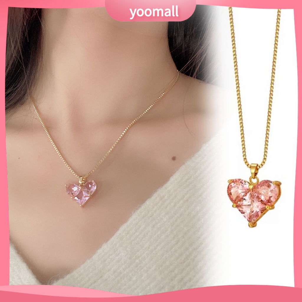 [YM] Vòng cổ Mặt Hình Học Đính Đá Zircon Màu Hồng Lấp Lánh Chống Mài Mòn Không Gây Dị Ứng Dành Cho Nữ