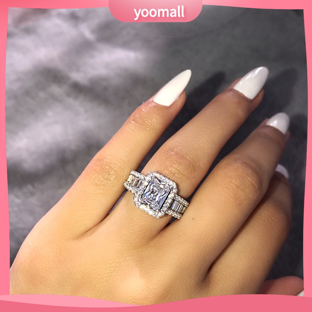 [YM] Nhẫn Cưới Bản Rộng Đính Đá Zircon Hình Vuông Lấp Lánh Không Gây Dị Ứng Trang Trí Phong Cách Phương Tây Cho Nữ