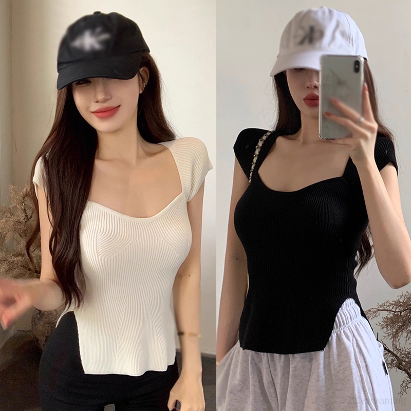 Áo Croptop Tay Ngắn Cổ Vuông Phong Cách Hàn Quốc Thời Trang Mùa Hè Cho Nữ