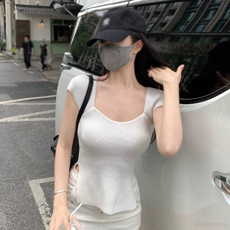 Áo Croptop Tay Ngắn Cổ Vuông Phong Cách Hàn Quốc Thời Trang Mùa Hè Cho Nữ
