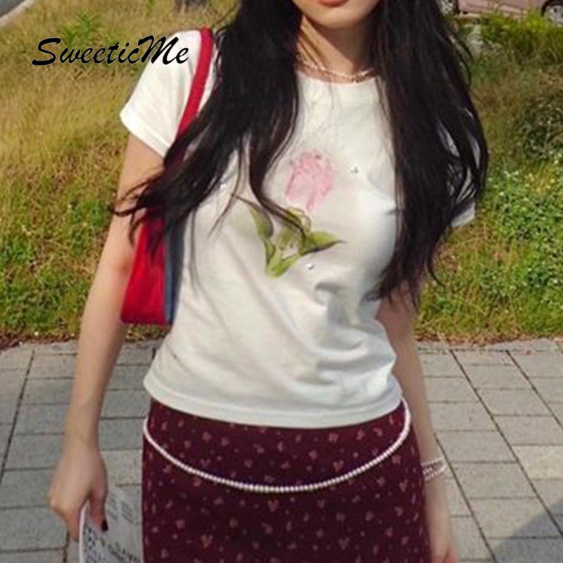 Áo Thun Tay Ngắn Cổ Tròn Dáng Ôm In Họa Tiết Hoa Thời Trang 2023 Dành Cho Bạn Nữ