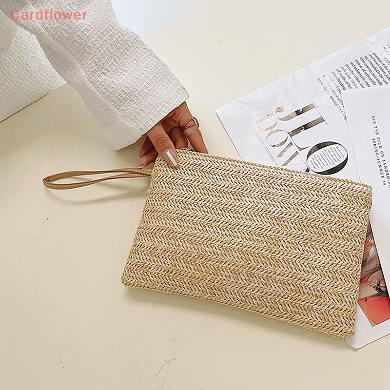 < Cardflower > Ví Dệt Mây Màu Trơn Có Dây Đeo Cổ Tay Thời Trang Nữ Đựng Điện Thoại / Tiền Xu / Thẻ Đi Biển Hàng Ngày Mới