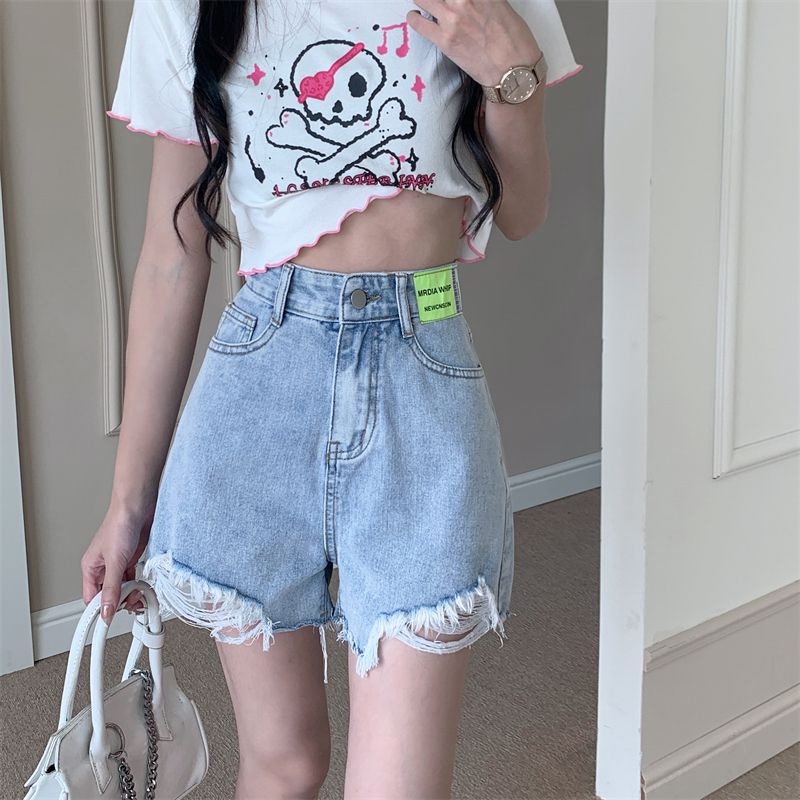 Quần Short Denim Mỏng Lưng Cao Phối Rách Cỡ Lớn Thiết Kế Mới Trẻ Trung