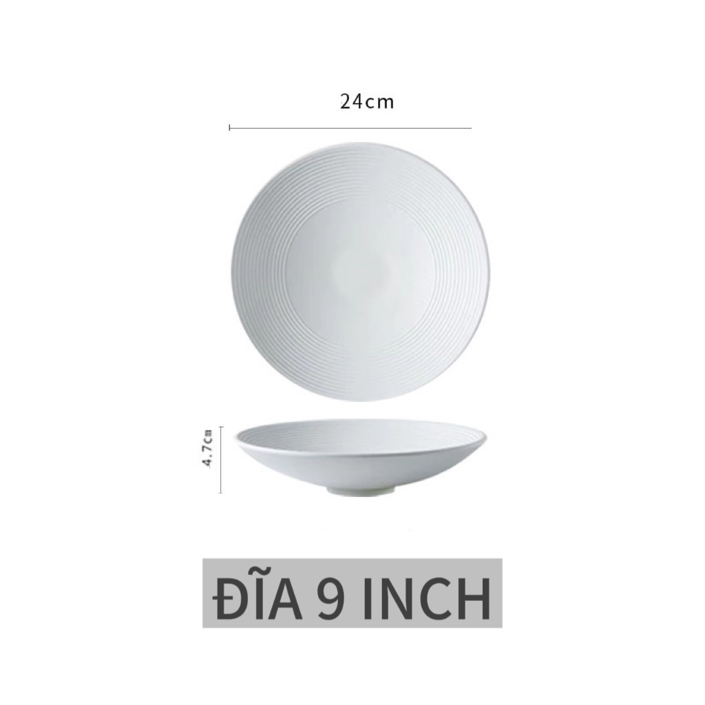 Đĩa sâu lòng vân xoáy men nhám chống xước cao cấp, đĩa nhà hàng hai màu đen trắng, tô salad