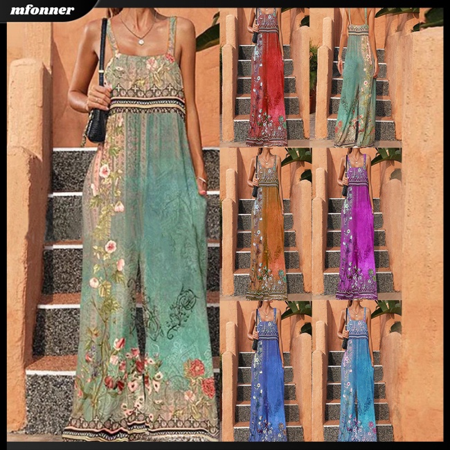 Áo liền quần Sát Nách Hở Lưng Dáng Rộng In Họa Tiết Thổ Cẩm Kiểu Retro Gợi Cảm Cho Bạn Gái