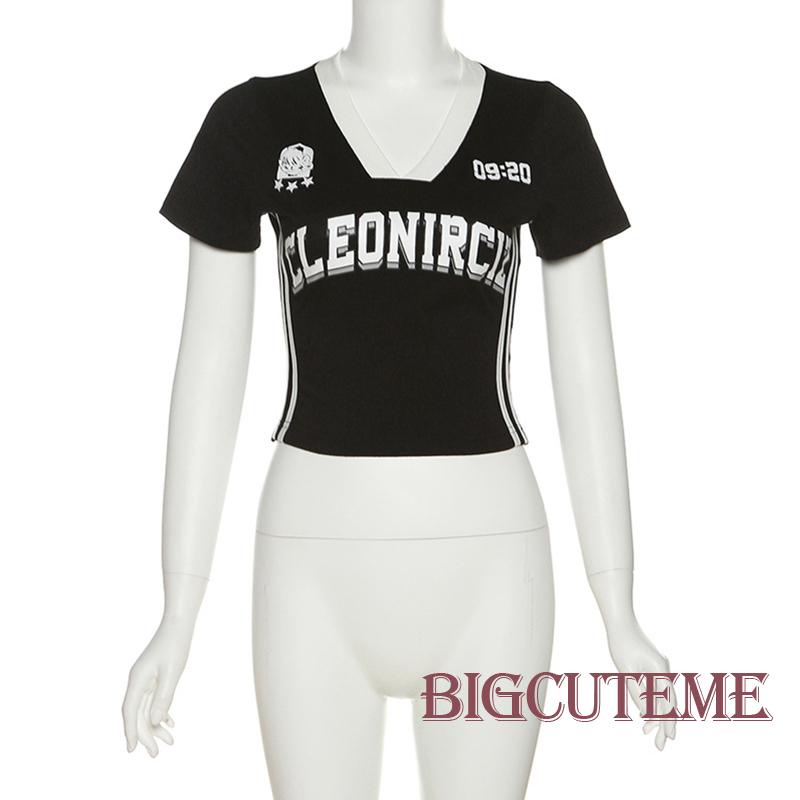 Áo Thun Crop Top Đen Tay Ngắn Cổ Chữ V In Chữ Thời Trang Mùa Hè Cho Nữ