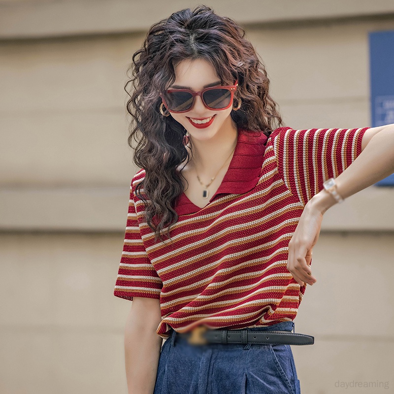 Áo Thun Dệt Kim Cổ Bẻ Họa Tiết Kẻ Sọc Thời Trang Mùa Hè Cho Nữ