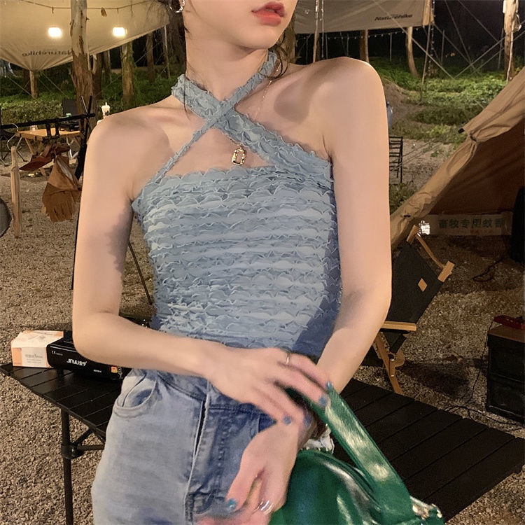 Áo Hai Dây Dáng Ngắn Màu Hồng Trơn Phong Cách Âu Mỹ Quyến Rũ Cho Nữ