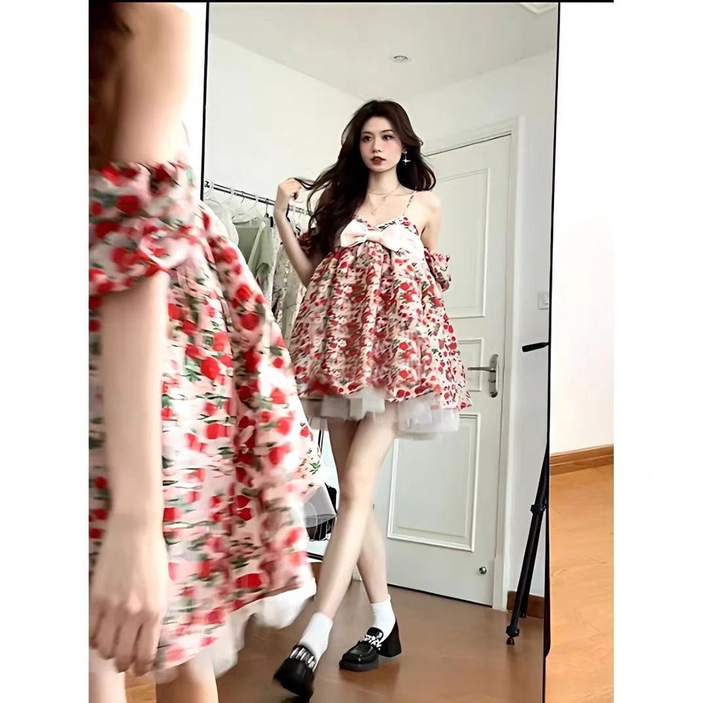 Chic Đầm Tay Phồng Đính Nơ Mùa Ngọt Ngào Xinh Xắn Cho Bé Gái Q9FL