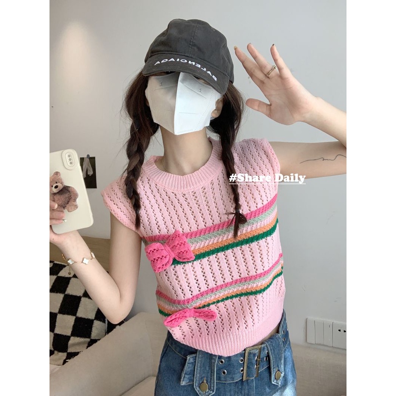 Áo Tank Top Dệt Kim Sát Nách Đính Nơ Độc Đáo Thời Trang Mùa Hè Cho Nữ