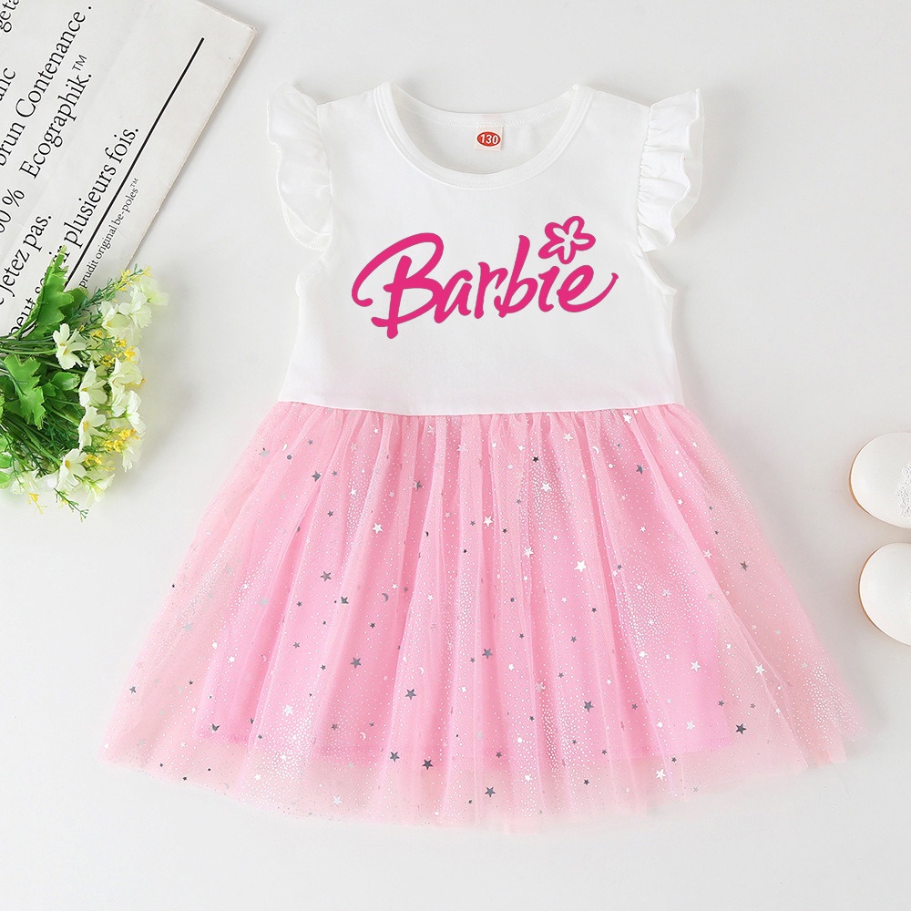 Barbie In Hình Bé Gái loe Tay Áo Công Chúa Barbie Thời Trang Bé Gái Ruffle Đầm Sinh Nhật Quần Áo Cho Bé Gái