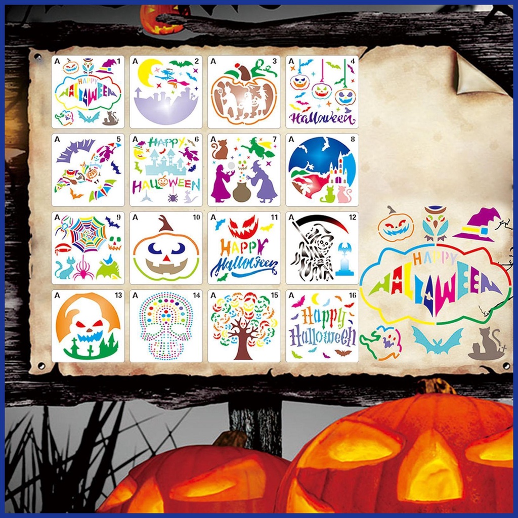 Set 16 Khuôn Phun Họa Tiết Bí Ngô Halloween Dùng Để Trang Trí Thiệp