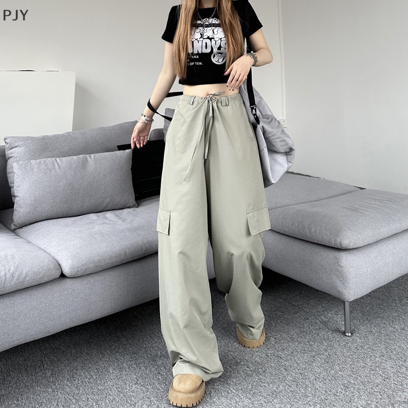 Quần Baggy Lưng Cao Ống Rộng Có Túi Phong Cách Thời Trang Harajuku Hàn Quốc Cho Nữ Y2k PJ