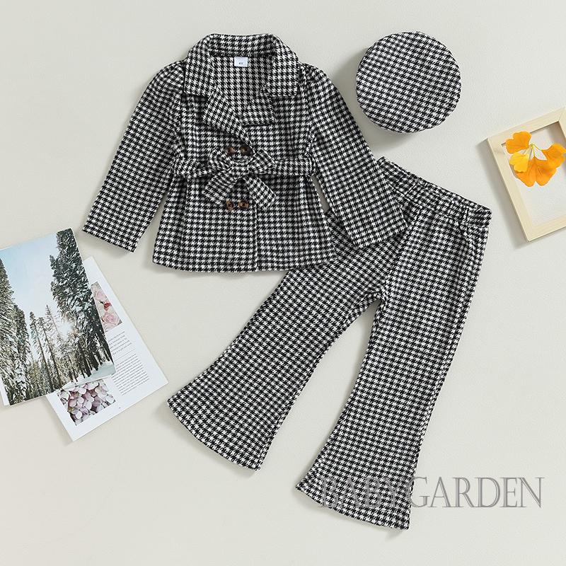 Set Đồ 3 Món Gồm Áo Khoác Tay Dài Hai Hàng Nút Cài + Quần Ống Loe + Mũ Beret Thời Trang Mùa Thu Cho Bé Gái 4-7 Tuổi