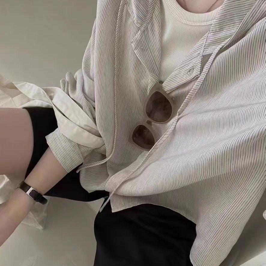 Áo Sơ Mi Chống Nắng Mỏng Tay Dài Có Nón Họa Tiết Kẻ Sọc Thời Trang Mùa Hè Phong Cách Hàn Quốc Mới 2023