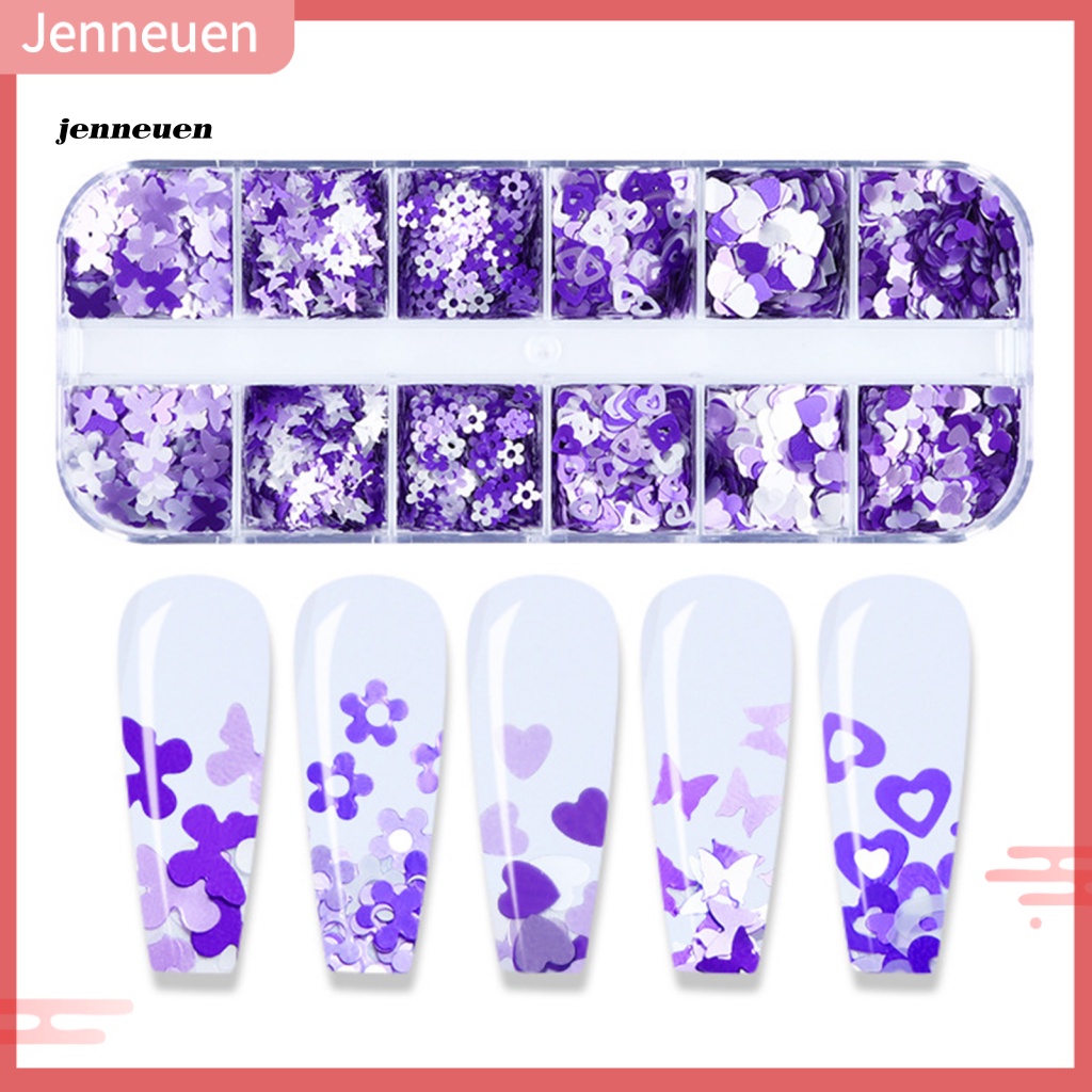 Hộp 12 Ngăn Đựng Hạt Sequin Hình Bướm Màu Tím Dùng Trang Trí Móng Nghệ Thuật