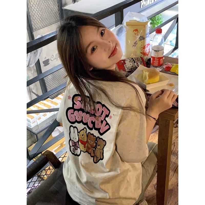 SUXI Áo Thun Cotton Xám Tay Ngắn Dáng Rộng In Họa Tiết Hoạt Hình Phong Cách Vintage