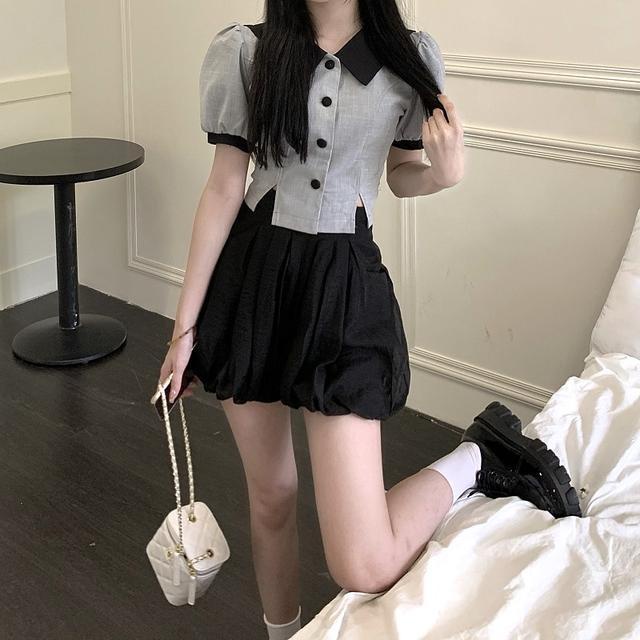 Set Áo Sơ Mi Tay Phồng Màu Tương Phản + Chân Váy Lưới Thời Trang Dành Cho Nữ