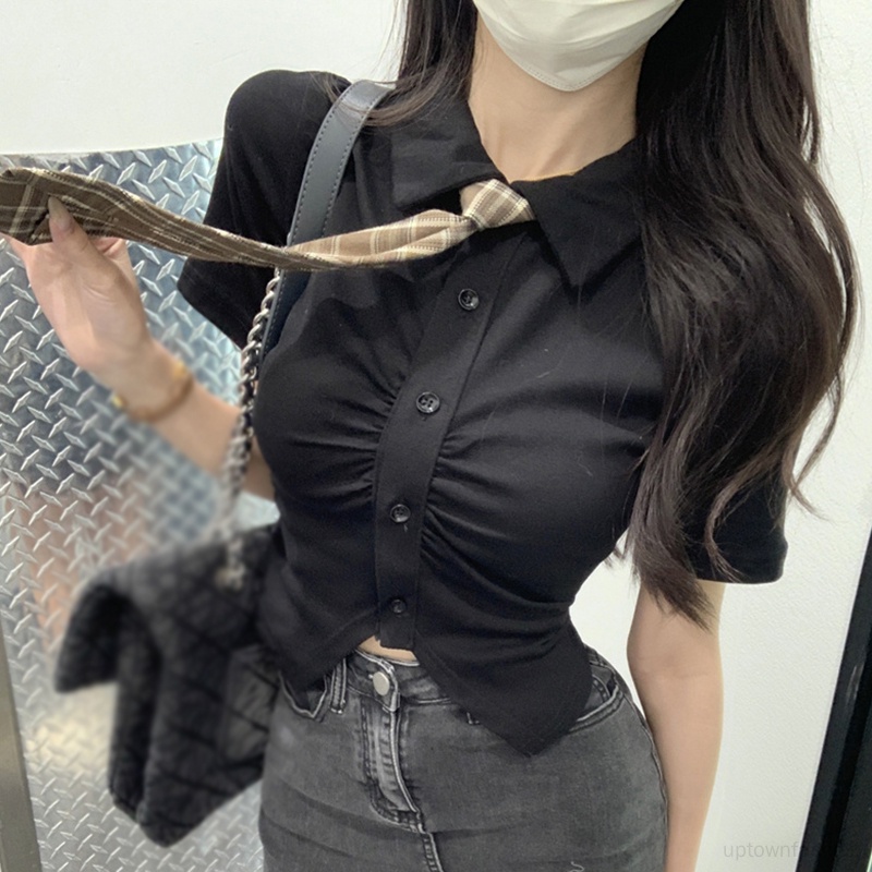 Áo Sơ Mi Tay Ngắn Màu Trơn Dáng Ngắn Phong Cách Hàn Quốc Thời Trang Mùa Xuân Xinh Xắn Cho Nữ