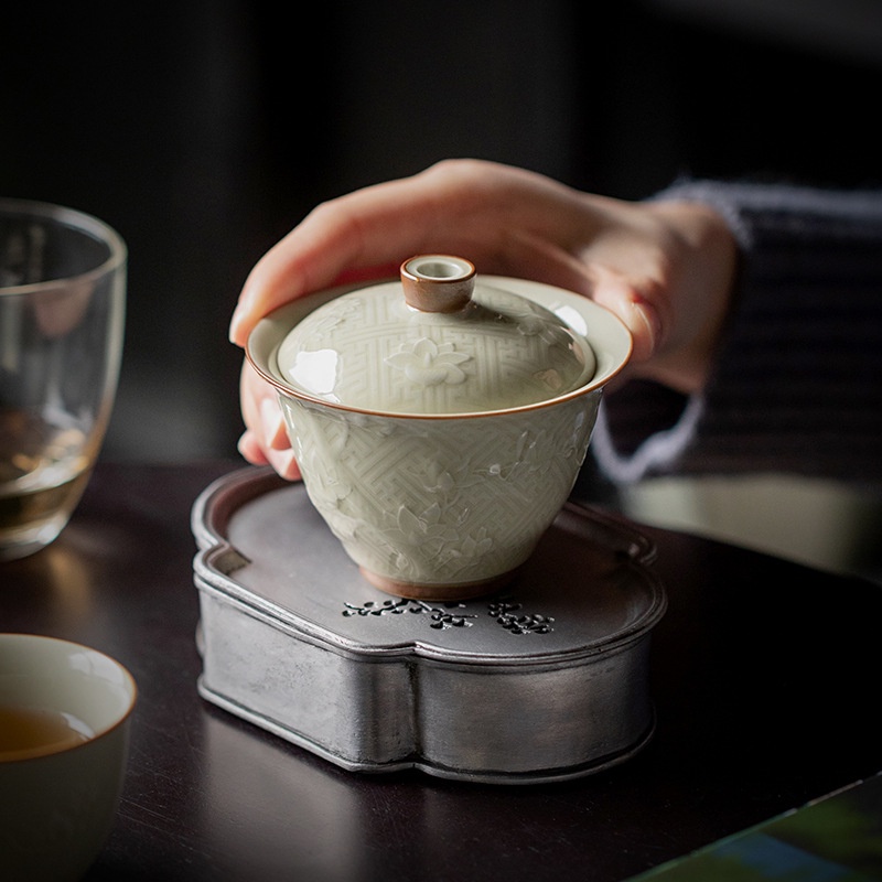 Tách Trà Đơn Bằng Sứ Có Nắp Đậy Hình Hoa Mộc Lan huayun  sancai kung fu