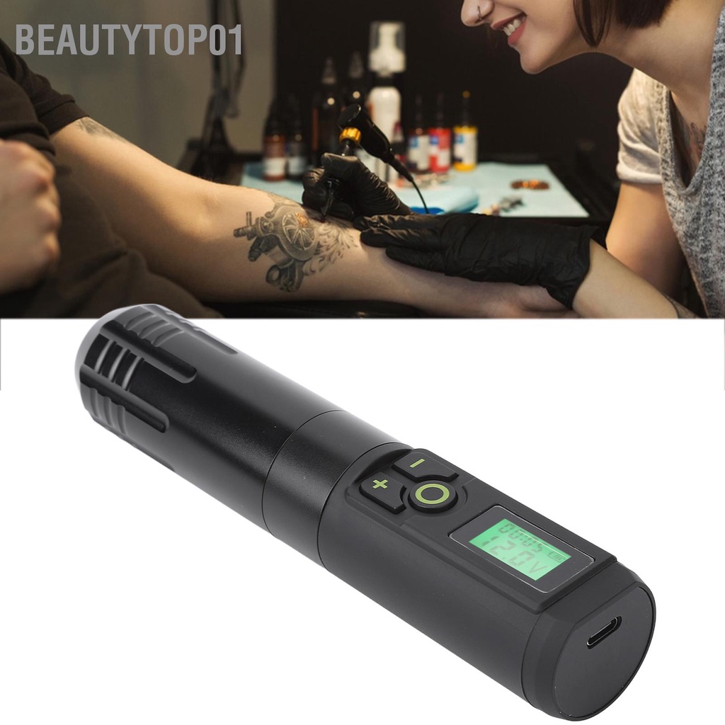BeautyTop01 Bút quay không dây Chức năng hẹn giờ Hộp mực 2000mAh Máy xăm pin có màn hình hiển thị màu đen