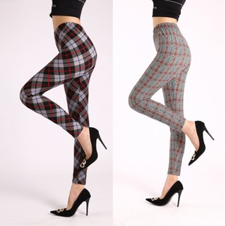 Quần legging mỏng lưng cao co giãn in họa tiết caro màu đen thời trang cho nữ