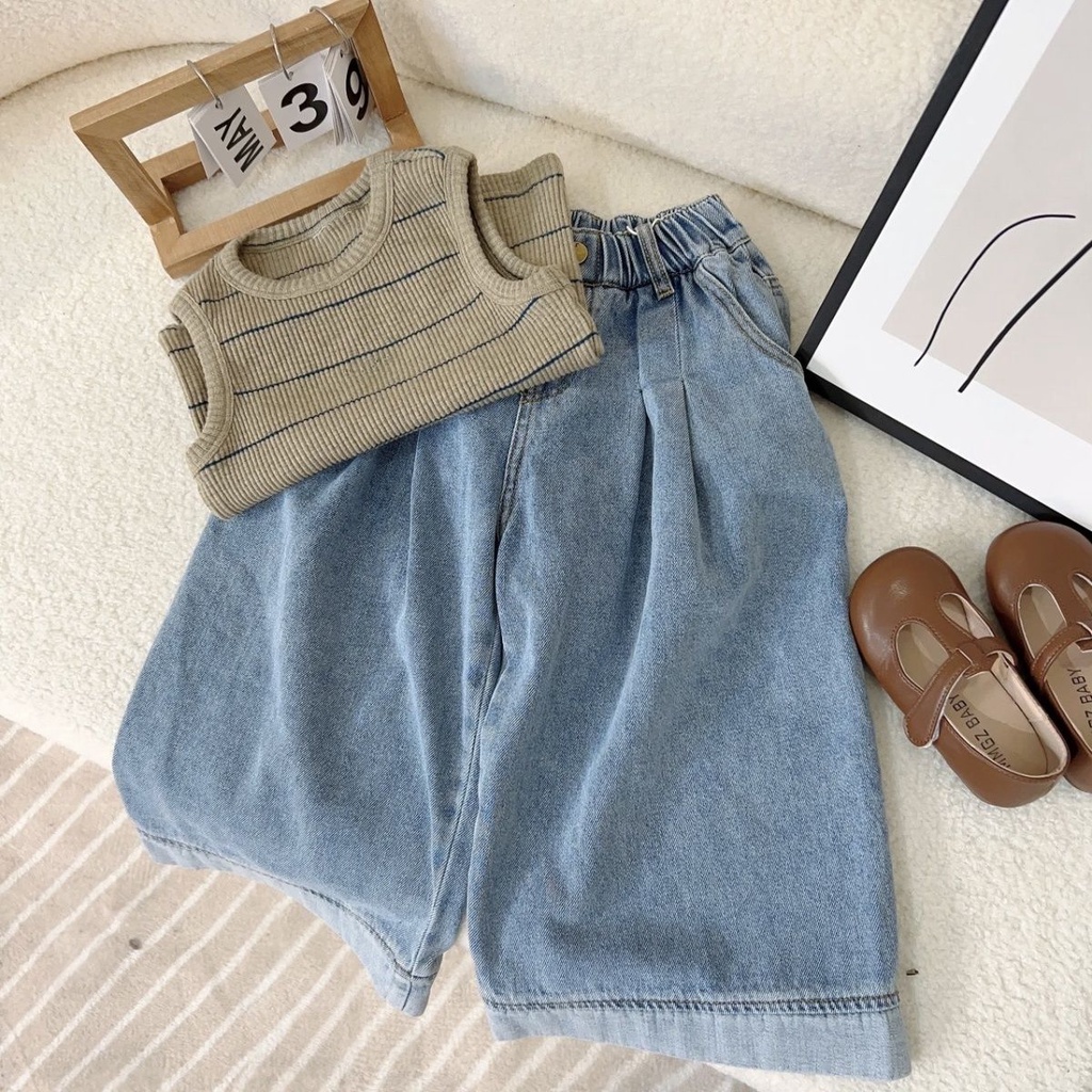 Set Áo Thun Ba Lỗ Kẻ Sọc + Quần Denim Ống Rộng Thời Trang Mùa Hè Phong Cách Hàn Quốc Mới 2023 Cho Bé Gái