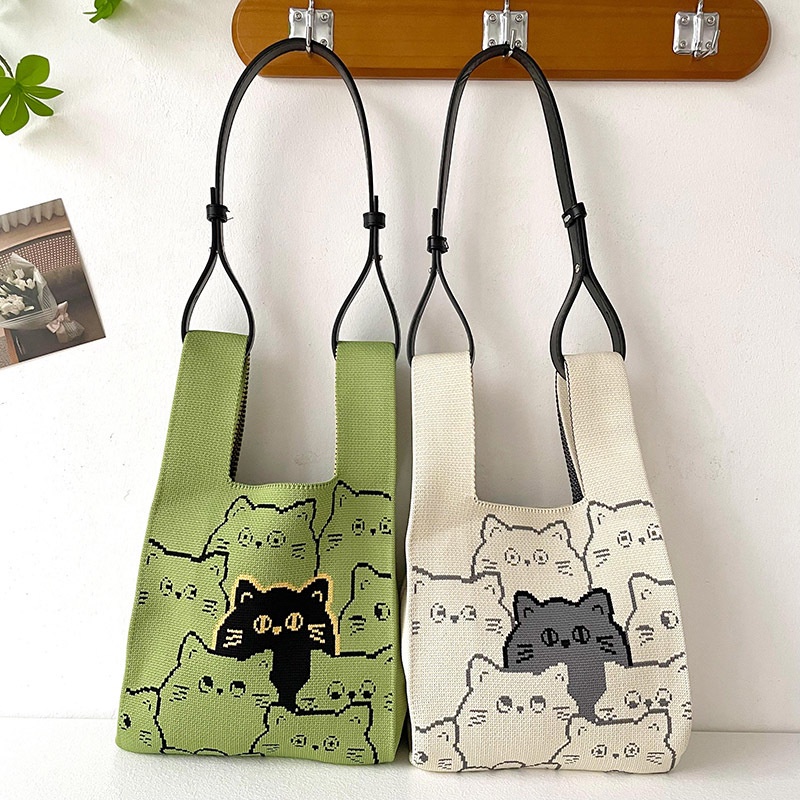 Yadou vest bag vest bag mèo dễ thương đan vai túi xách tay túi đi lại đường phố túi dệt dung tích lớn