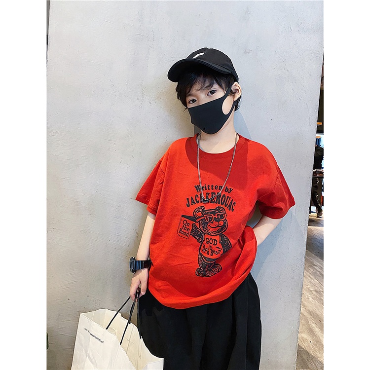 Áo Thun cotton Tay Ngắn Màu Đỏ In Hình Gấu graffiti Dễ Thương Cho Bé Trai Và Gái