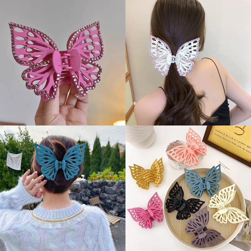 Kẹp Tóc Càng Cua Hai Lớp Đính Đá Hình Bướm Bằng Nhựa Thời Trang Cho Nữ CHLINS