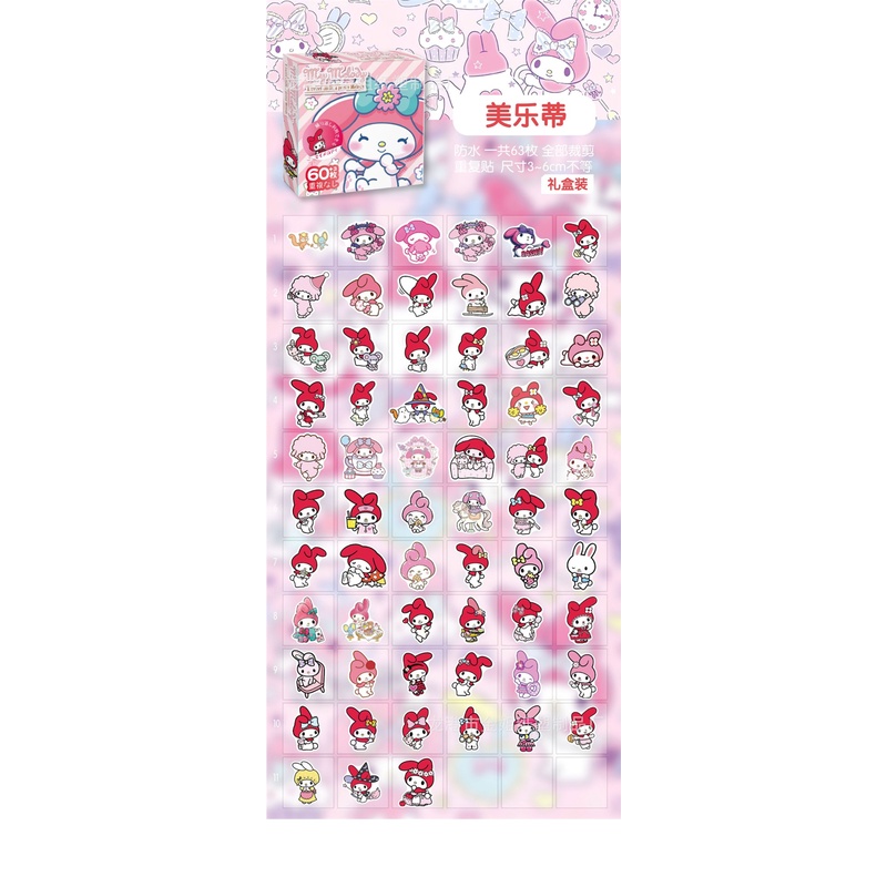 Bộ 60 Miếng Dán Hoạt Hình Sanrio Hello Kitty Kuromi Cinnamoroll Pochacco Dễ Thương Trang Trí Điện Thoại / Laptop / Nhật Ký DIY