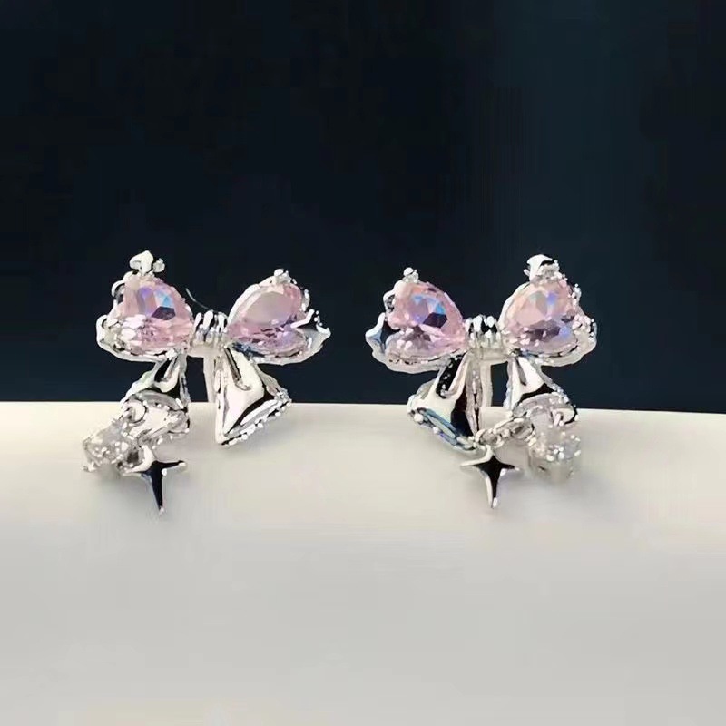 High-end pink bow stud earrings hoa tai tinh tế yr