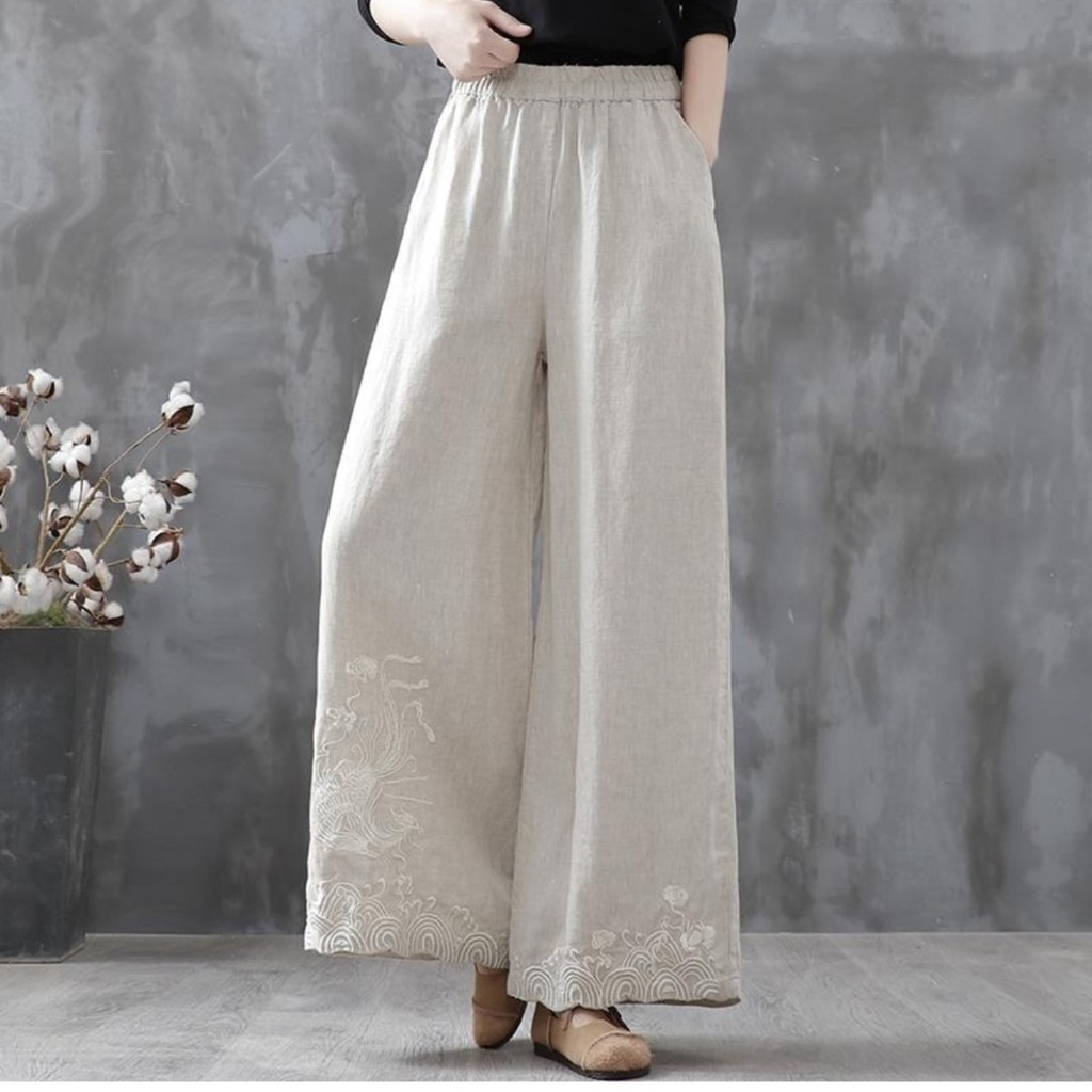 Quần Dài Vải Lanh Cotton Ống Rộng Lưng Cao Màu Sắc Đơn Giản Thời Trang Cho Nữ