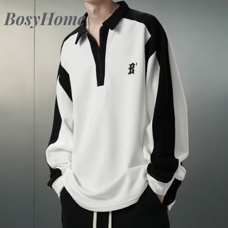 Bosyhome Áo sweater POLO Tay Lửng Dáng Rộng Có Khóa Kéo Thêu Họa Tiết Màu Sắc Tương Phản Cho Nam