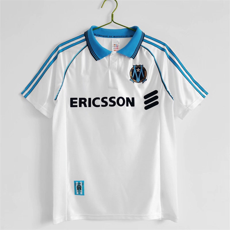 Áo Thun Bóng Đá Màu Trắng Cổ Điển In Số Baju Lelaki Berkolar Bola 1999 Olympique De Marseille Phong Cách Cổ Điển