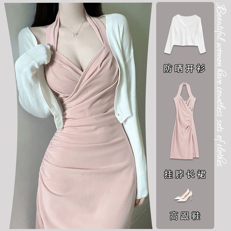 ⭐Hàng Có Sẵn!⭐Bộ Đầm Hai Dây Cổ Chữ v Xẻ Sâu + Áo Khoác Cardigan Chống Nắng Thời Trang Quyến Rũ Cho Nữ