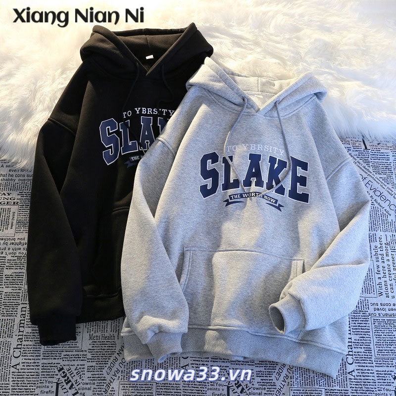 Xiang Nian Ni Áo sweater Có Mũ Trùm Phối Nhung In Chữ Đơn Giản Phong Cách Harajuku Hàn Quốc Thu Đông Mới Cho Cặp Đôi