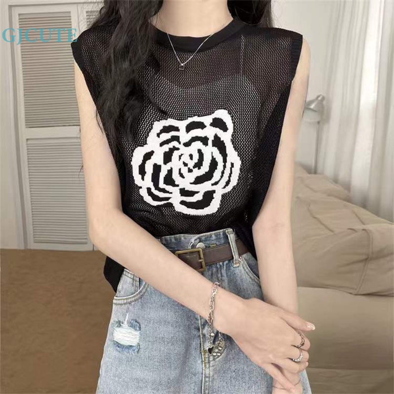 Áo Dệt Kim Sát Nách Dáng Rộng Cổ Tròn Khoét Rỗng In Hoa Kiểu Retro Thời Trang Mùa Hè Cho Bạn Gái