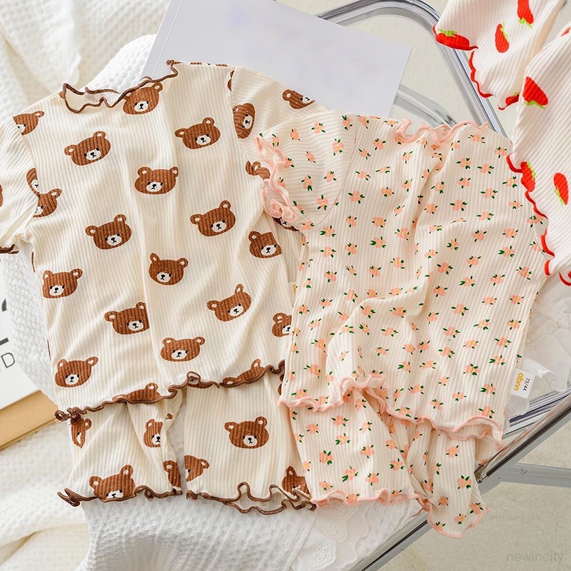 Đồ ngủ cho bé gái hàn quốc ice silk loungewear floral top + quần pyjama set