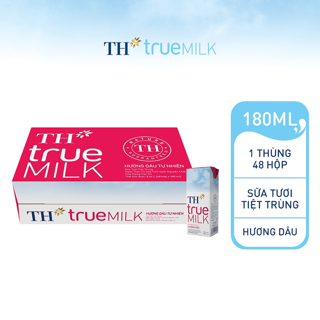 Thùng 48 hộp sữa tươi tiệt trùng hương dâu TH True Milk 180ml