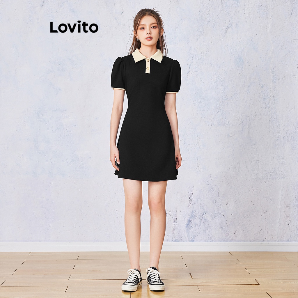 Đầm thun gân midi Lovito ôm sát viền màu tương phản thời trang thường ngày cho nữ L55AD057