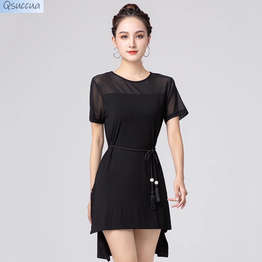 Qsuccua dành cho người lớn phụ nữ khiêu vũ latin lưới khâu váy cổ tròn trang phục biểu diễn thực hành chuyên nghiệp