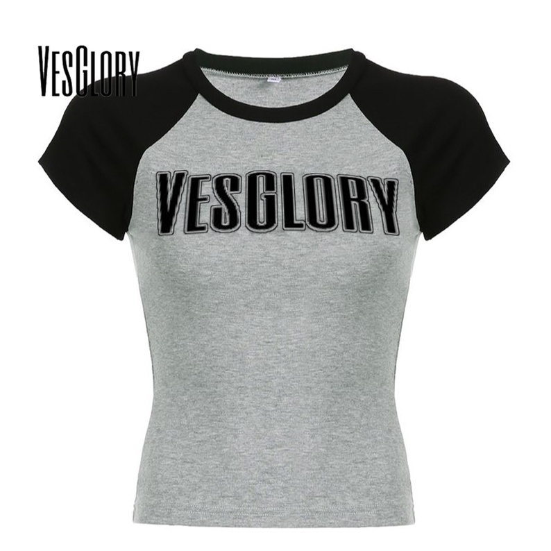 Áo thun croptop VESGLORY cổ tròn in chữ phối màu tương phản thời trang 2023 cho nữ