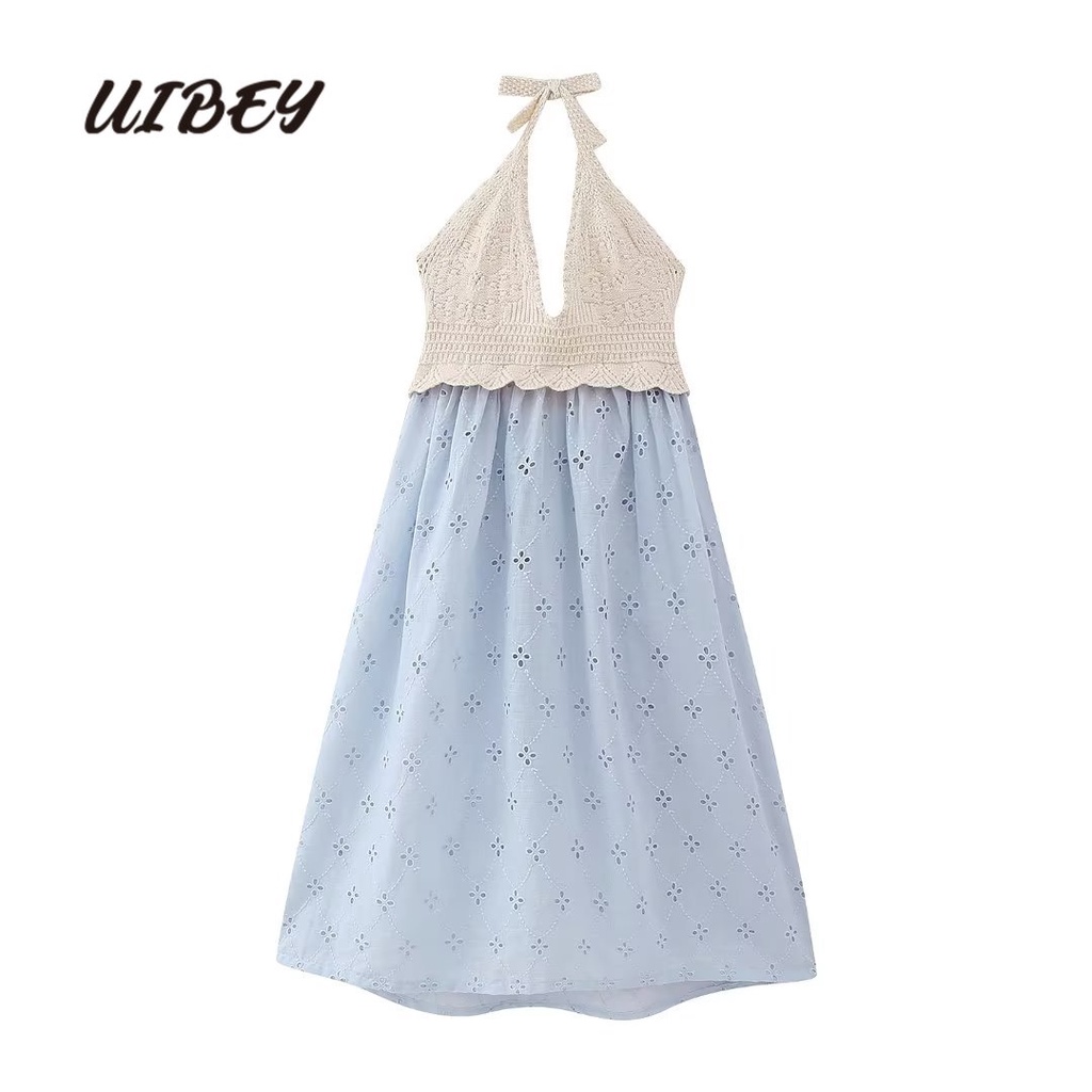 Uibey fashion halter v-cổ thêu nối váy dệt kim 3841