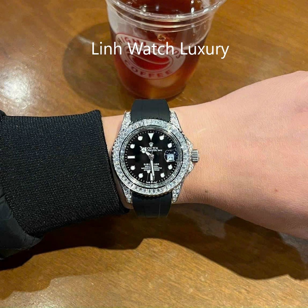 Đồng Hồ Nam R0lex Submariner viền đá CZ, Dây cao su, Máy cơ automatic, Hỗ trợ cót tay