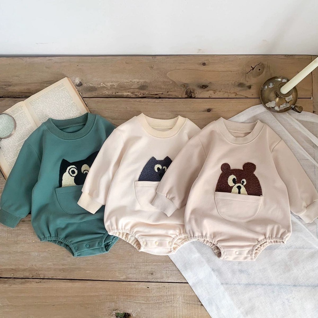 Spring baby romper 3 màu phim hoạt hình baby bodysuit baby boys girls long-sleeve pocket baby Áo liền quần 0-2 y