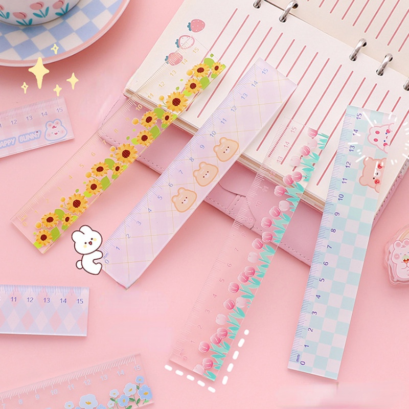 15cm phim hoạt hình dễ thương thước acrylic trong suốt / văn phòng dạy vẽ dày văn phòng phẩm / ins wind kỳ thi học sinh vẻ đẹp cao thang đo / thước mẫu hoa tươi