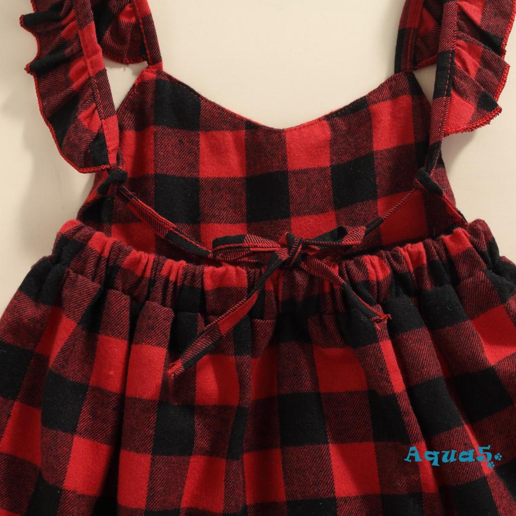 Aqua- set Đầm Không Tay In Họa Tiết Sọc Caro Đỏ Và Băng Đô Cài Tóc Cho Bé Gái