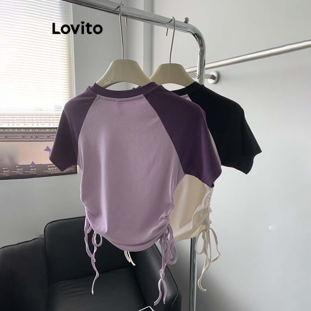 Áo thun Lovito baby tee tương phản phối dây rút họa tiết chữ thường ngày cho nữ LNE18025