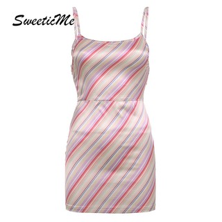 SweeticMe Nữ Thời Trang Mới Cầu Vồng Màu Sắc Tương Phản Sọc Slim Fit Cổ Vuông Nhân Quả Đầm Ngắn